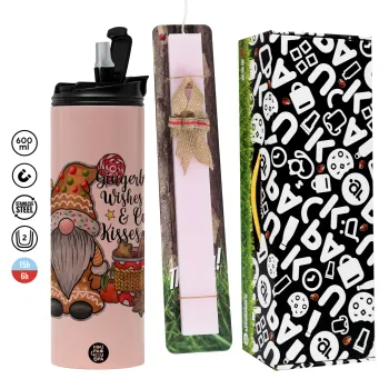 Gingerbread Wishes, Πασχαλινή Λαμπάδα με  ΡΟΖ Travel Tumbler θερμό (600ml, BPA free) & κερί αρωματικό πλακέ (30cm) (ΡΟΖ)