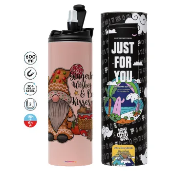 Gingerbread Wishes, Tumbler ποτήρι θερμό ΡΟΖ από ανοξείδωτο ατσάλι 600ml
