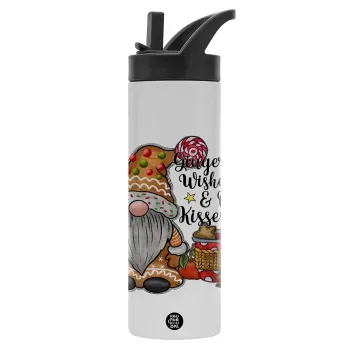 Gingerbread Wishes, Metallic thermos bottle with straw & handle, stainless steel (Stainless steel 304), double-walled, 600ml.