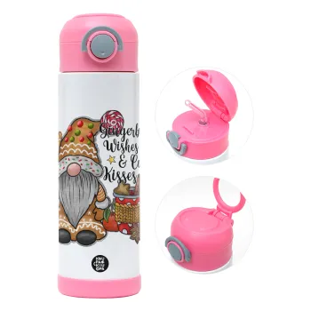 Gingerbread Wishes, Children's hot water bottle, stainless steel, with safety straw, PINK (500ml)