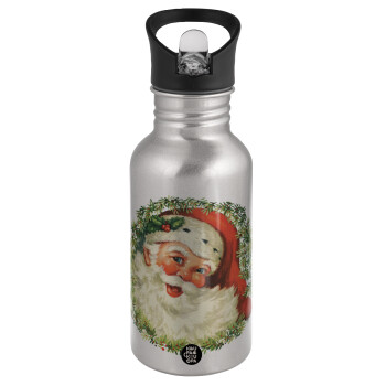 Santa Claus, Water bottle Silver with straw, stainless steel 500ml