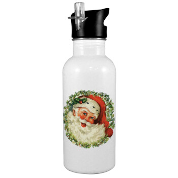 Santa Claus, White water bottle with straw, stainless steel 600ml