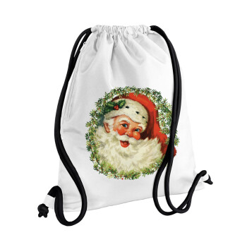 Santa Claus, Τσάντα πλάτης πουγκί GYMBAG λευκή, με τσέπη (40x48cm) & χονδρά κορδόνια