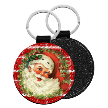 Santa Claus, Μπρελόκ Δερματίνη, στρογγυλό ΜΑΥΡΟ (5cm)