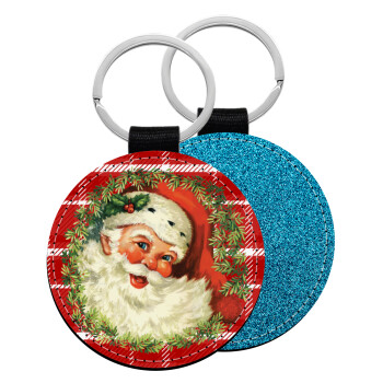 Santa Claus, Μπρελόκ Δερματίνη, στρογγυλό ΜΠΛΕ (5cm)