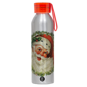 Santa Claus, Aluminum Sports Bottle 650ml – Silver with Red Cap and Silicone Strap