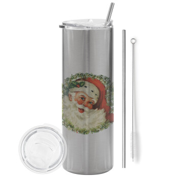 Santa Claus, Eco friendly ποτήρι θερμό Ασημένιο (tumbler) από ανοξείδωτο ατσάλι 600ml, με μεταλλικό καλαμάκι & βούρτσα καθαρισμού