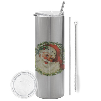 Santa Claus, Tumbler stainless steel Silver 600ml, with metal straw & cleaning brush