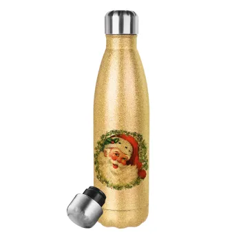 Santa Claus, Μεταλλικό παγούρι θερμός Glitter χρυσό (Stainless steel), διπλού τοιχώματος, 500ml