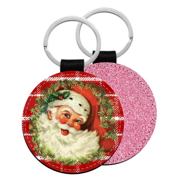 Santa Claus, Μπρελόκ Δερματίνη, στρογγυλό ΡΟΖ (5cm)