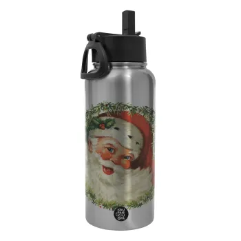 Santa Claus, Metal mug thermo Silver with Straw and Spout Lid (Stainless steel), double wall, 950ml