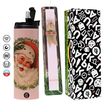 Santa Claus, Πασχαλινή Λαμπάδα με  ΡΟΖ Travel Tumbler θερμό (600ml, BPA free) & κερί αρωματικό πλακέ (30cm) (ΡΟΖ)