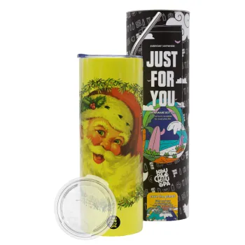 Santa Claus, Neon Yellow Travel Tumbler θερμό, μεταλλικό καλαμάκι(Ανωξείδωτο 304 Food grade, BPA free, 600ml)