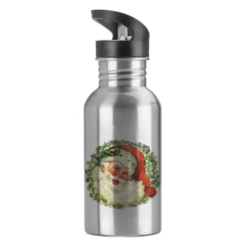 Santa Claus, Παγούρι νερού Ασημένιο με καλαμάκι, ανοξείδωτο ατσάλι 600ml