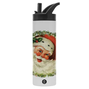Santa Claus, Metallic thermos bottle with straw & handle, stainless steel (Stainless steel 304), double-walled, 600ml.