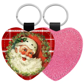 Santa Claus, Μπρελόκ PU δερμάτινο glitter καρδιά ΡΟΖ