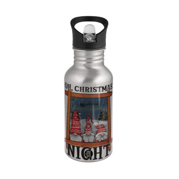 Oh Christmas Night, Water bottle Silver with straw, stainless steel 500ml