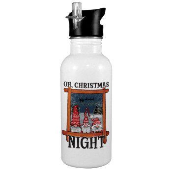 Oh Christmas Night, White water bottle with straw, stainless steel 600ml
