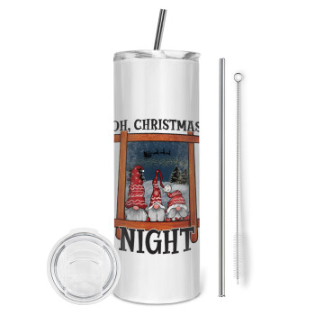 Oh Christmas Night, Eco friendly ποτήρι θερμό (tumbler) από ανοξείδωτο ατσάλι 600ml, με μεταλλικό καλαμάκι & βούρτσα καθαρισμού