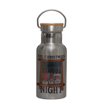 Oh Christmas Night, Μεταλλικό παγούρι θερμός (Stainless steel) Ασημένιο με ξύλινο καπακι (bamboo), διπλού τοιχώματος, 350ml