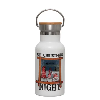 Oh Christmas Night, Μεταλλικό παγούρι θερμός (Stainless steel) Λευκό με ξύλινο καπακι (bamboo), διπλού τοιχώματος, 350ml
