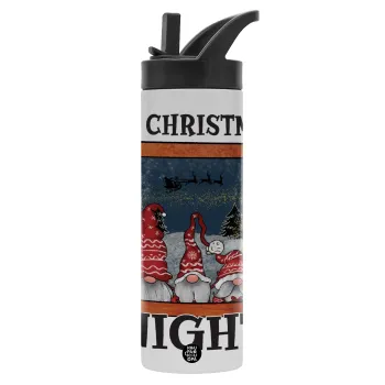 Oh Christmas Night, Metallic thermos bottle with straw & handle, stainless steel (Stainless steel 304), double-walled, 600ml.