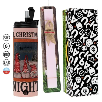 Oh Christmas Night, Πασχαλινή Λαμπάδα με  ΡΟΖ Travel Tumbler θερμό (600ml, BPA free) & κερί αρωματικό πλακέ (30cm) (ΡΟΖ)