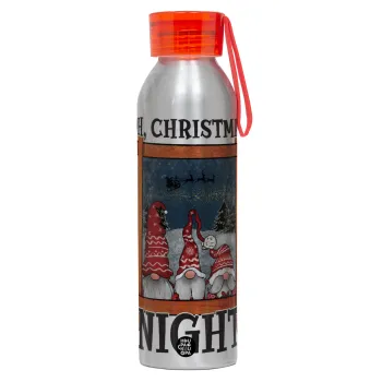 Oh Christmas Night, Αλουμινένιο Αθλητικό Μπουκάλι 650ml – Ασημί με Κόκκινο Καπάκι και Λουράκι Σιλικόνης