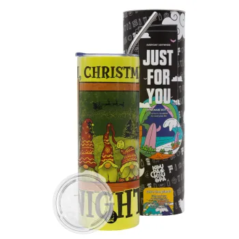 Oh Christmas Night, Neon Yellow Travel Tumbler θερμό, μεταλλικό καλαμάκι(Ανωξείδωτο 304 Food grade, BPA free, 600ml)