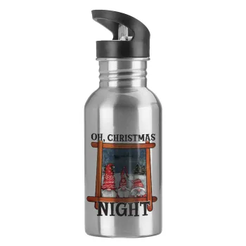 Oh Christmas Night, Παγούρι νερού Ασημένιο με καλαμάκι, ανοξείδωτο ατσάλι 600ml