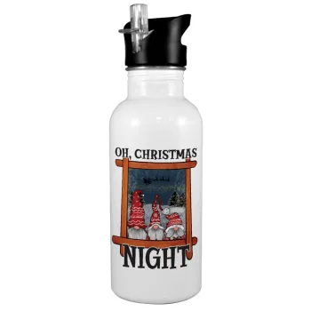 Oh Christmas Night, Παγούρι νερού Λευκό με καλαμάκι, ανοξείδωτο ατσάλι 600ml