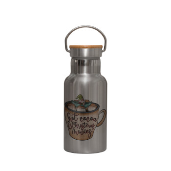 Hot Cocoa And Christmas Movies, Stainless steel metallic thermos flask, silver with a bamboo lid, double-walled, 350ml.