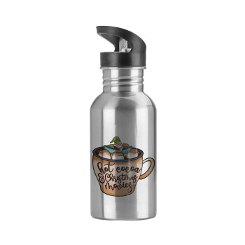 Hot Cocoa And Christmas Movies, Water bottle Silver with straw, stainless steel 600ml