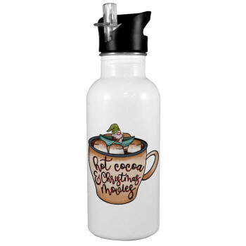 Hot Cocoa And Christmas Movies, White water bottle with straw, stainless steel 600ml