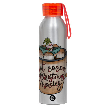 Hot Cocoa And Christmas Movies, Αλουμινένιο Αθλητικό Μπουκάλι 650ml – Ασημί με Κόκκινο Καπάκι και Λουράκι Σιλικόνης