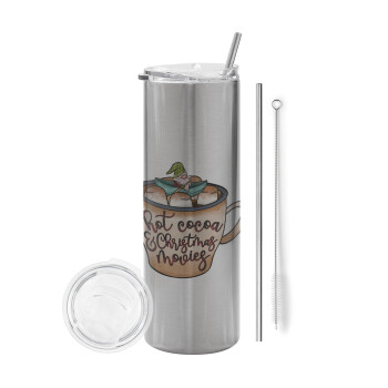 Hot Cocoa And Christmas Movies, Tumbler stainless steel Silver 600ml, with metal straw & cleaning brush