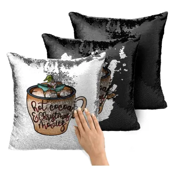 Hot Cocoa And Christmas Movies, Μαξιλάρι καναπέ Μαγικό Μαύρο με πούλιες 40x40cm περιέχεται το γέμισμα