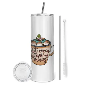 Hot Cocoa And Christmas Movies, Tumbler ποτήρι θερμό από ανοξείδωτο ατσάλι 600ml, με μεταλλικό καλαμάκι & βούρτσα καθαρισμού