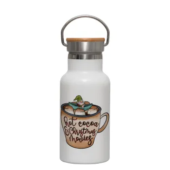 Hot Cocoa And Christmas Movies, Μεταλλικό παγούρι θερμός (Stainless steel) Λευκό με ξύλινο καπακι (bamboo), διπλού τοιχώματος, 350ml