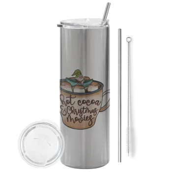 Hot Cocoa And Christmas Movies, Tumbler ποτήρι θερμό Ασημένιο από ανοξείδωτο ατσάλι 600ml, με μεταλλικό καλαμάκι & βούρτσα καθαρισμού