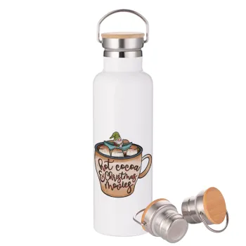 Hot Cocoa And Christmas Movies, Stainless steel White with wooden lid (bamboo), double wall, 750ml