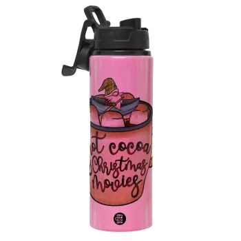 Hot Cocoa And Christmas Movies, Μεταλλικό παγούρι νερού με καπάκι ασφαλείας, αλουμινίου 850ml