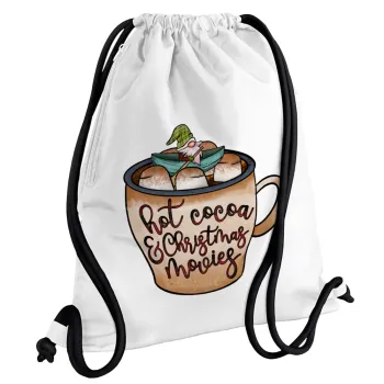 Hot Cocoa And Christmas Movies, Τσάντα πλάτης πουγκί GYMBAG λευκή, με τσέπη (40x48cm) & χονδρά κορδόνια