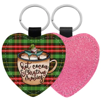 Hot Cocoa And Christmas Movies, Μπρελόκ PU δερμάτινο glitter καρδιά ΡΟΖ