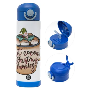Hot Cocoa And Christmas Movies, Παιδικό παγούρι θερμό, ανοξείδωτο, με καλαμάκι ασφαλείας, ΜΠΛΕ (500ml)