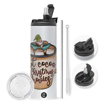 Hot Cocoa And Christmas Movies, Travel Tumbler θερμό με διπλό καπάκι, μεταλλικό καλαμάκι και βούρτσα καθαρισμού (Ανωξείδωτο 304 Food grade, BPA free, 600ml)