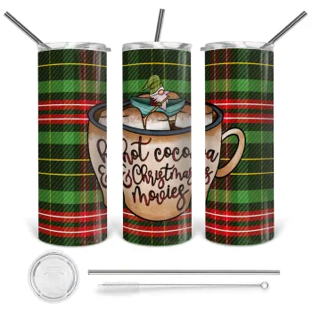 Hot Cocoa And Christmas Movies, Tumbler ποτήρι θερμό από ανοξείδωτο ατσάλι 600ml, με μεταλλικό καλαμάκι & βούρτσα καθαρισμού
