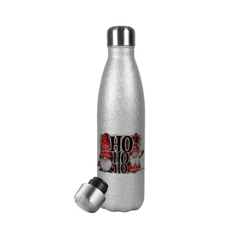 Ho ho ho, Μεταλλικό παγούρι θερμός Glitter Aσημένιο (Stainless steel), διπλού τοιχώματος, 500ml