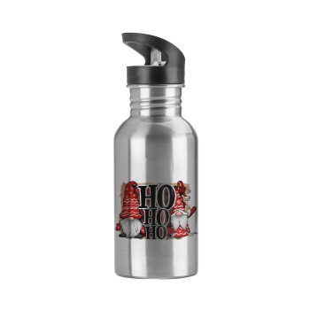 Ho ho ho, Water bottle Silver with straw, stainless steel 600ml