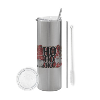 Ho ho ho, Eco friendly ποτήρι θερμό Ασημένιο (tumbler) από ανοξείδωτο ατσάλι 600ml, με μεταλλικό καλαμάκι & βούρτσα καθαρισμού